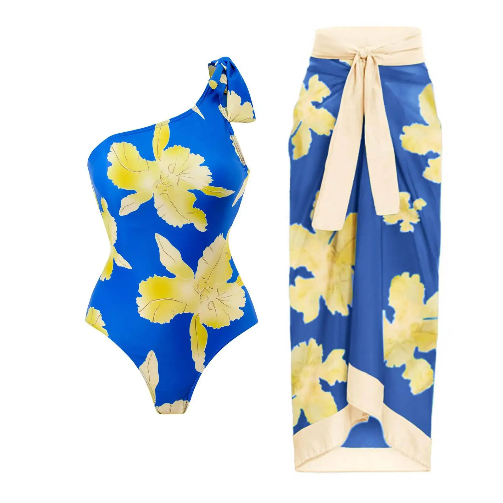 

MUOLUX 2023 Sexy Print One Piece Swimsuit Woman One Shoulder Bikini Skirt with Sarong Sexy Beachwear Skirt Beach Dress Cover Up