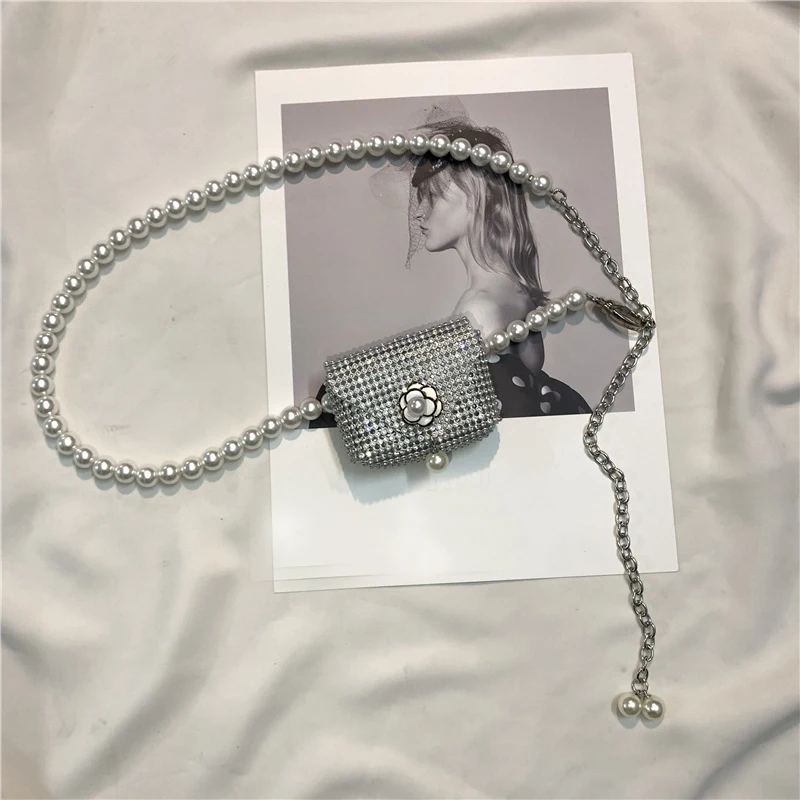 Metal Pearl Chain Sparkly Rhinestones Mini Bag Women's Belt Camellia Flower Coin Purse Accessories