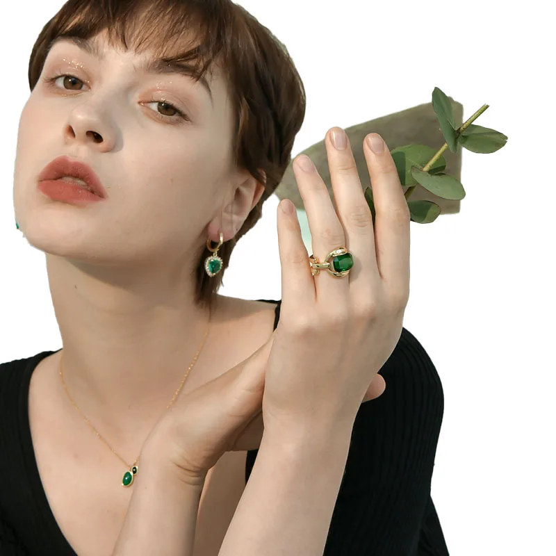 

Ymh Slimming Long Green Gemstone Ring Female Niche Design Temperament Wild Ring Ins Trendy Japanese and Korean French Style