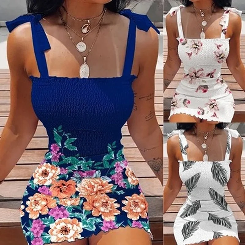 

Women Fashion Off Shoulder Sleeveless Smocked Bodycon Dress Women Strapless Mini Dresses Ladies Short Party Club Printing Dress