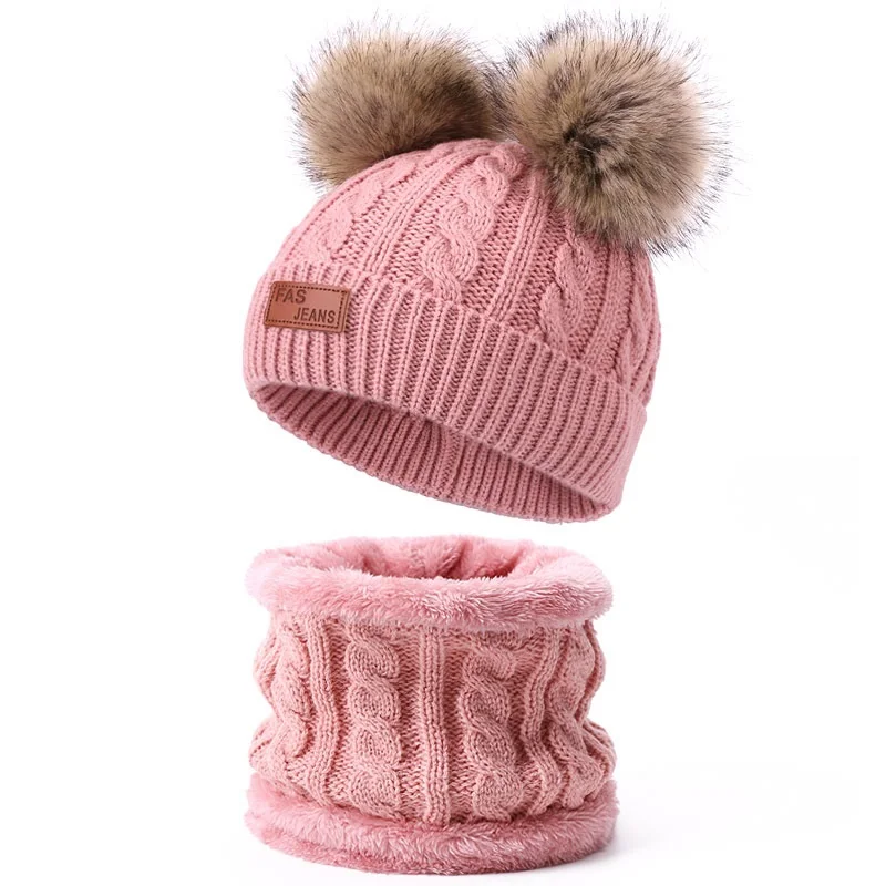 

2022 Cute Hat Scarf Set Beanie Cap Children's Hats Girls Fake Ball Pompon Twist Plush Keep Warm Winter Knitted Skullies Kids