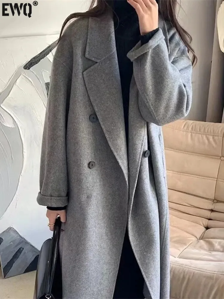 

[EWQ] Double-sided Cashmere Coat For Women 2023 Autumn Winter New Tide Double Breasted Loose Woolen Elegant Overcoats 16U5364