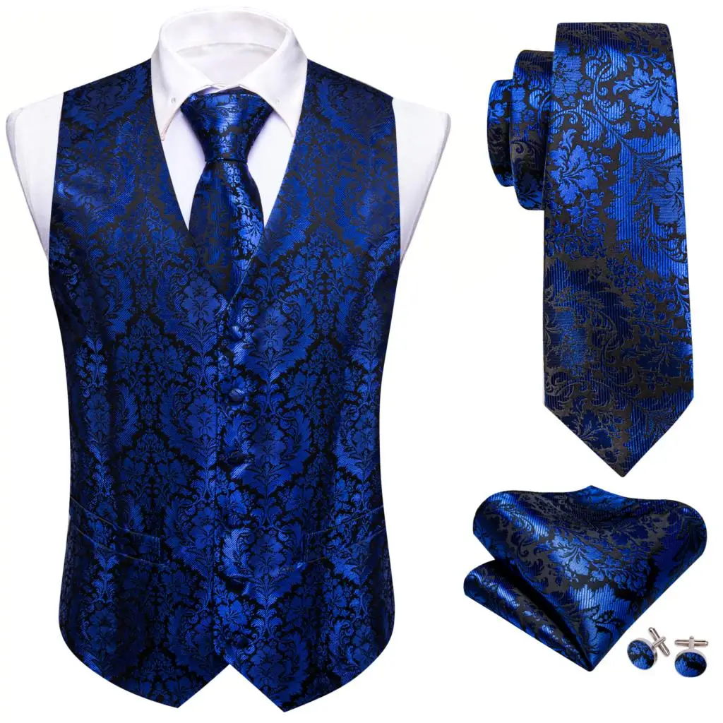 

Luxury Silk Vest for Men Embroidered Blue Flower Waistcoat Necktie Hanky Cufflinks Set Business Formal Suit Barry Wang
