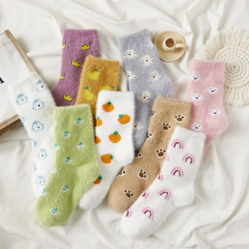 Women Thermal Fluffy Socks Autumn-Winter Snow Socks Girls Ins Fashion Pattern Warm  Color Crew Socks Ladies Floor Sleep Socks