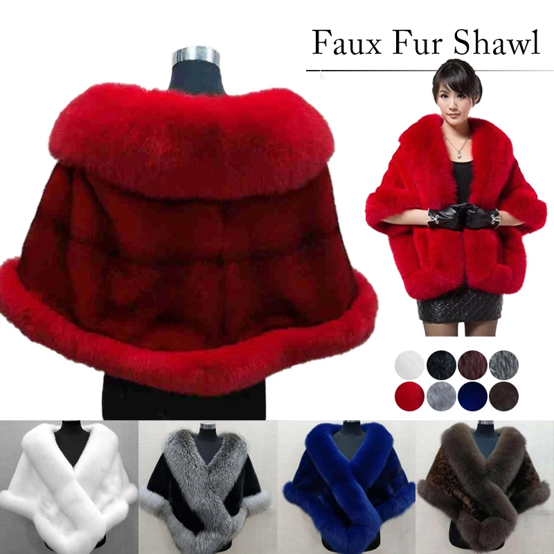 Women Winter Faux Mink Fox Fur Shawl Wrap Scarf Imitation Fur Bolero Bridal Shawl Wedding Cape Lady Dress Cape Warm Poncho