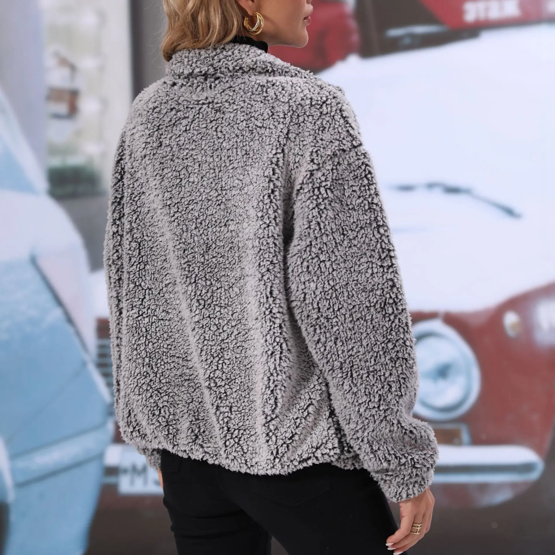Gray Fleece Jacket For Women Plush Thicken Outerwear Designer Long Sleeve Zipper Fly Outcoat Winter Jacket Lady 2023 Parkas Coat
