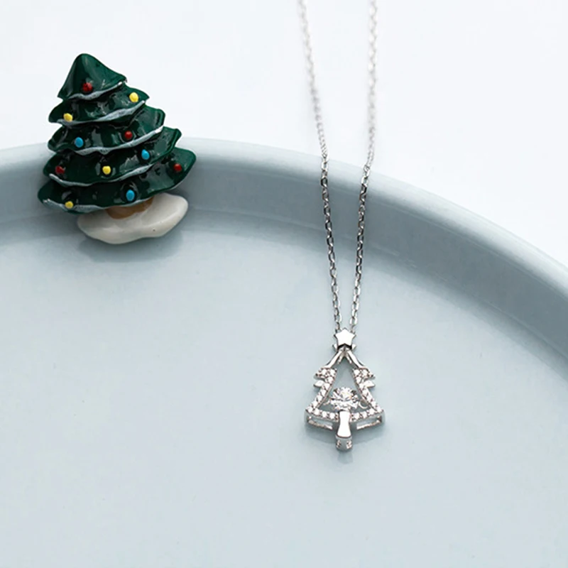 

IOGOU Fashion Sparkling 100% S925 Sterling Silver Pendant Christmas Tree Necklaces For Women Girls Party Gifts Jewelry