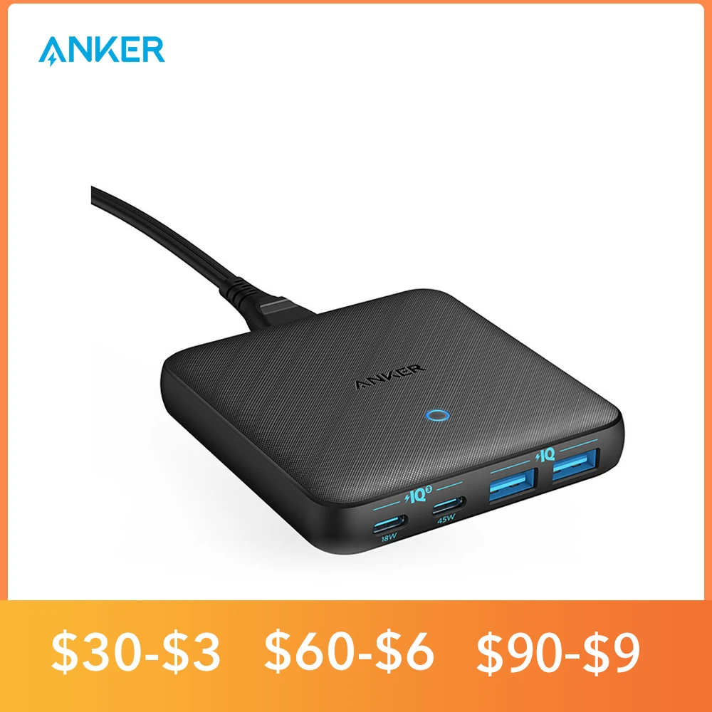 Cena Anker GaN ładowarka 63W 4 Port PIQ 3.0 PowerPort Atom III Slim ładowarka ścienna Z Dwoma USB C Poorts (45W Max) Dla Iphone 11 Xiaomi