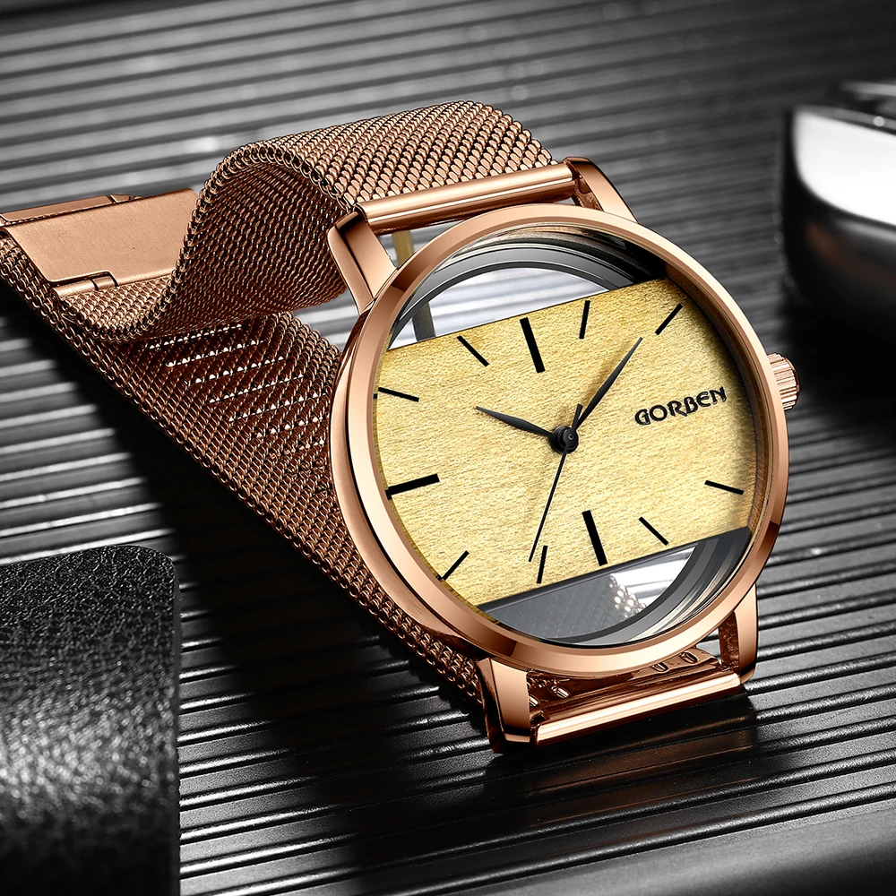 Fashion Couple Watches Simple Quartz Watch Men's Full Stainless Mesh Strap Transparent Dial Sport Ladies Clock relogio masculino