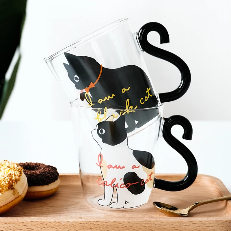 

250ML Cute Cat Glass Juice Coffee Cup Milk Tea Coffee Glass Mug Cat Tail Handle Cat Valentine's Day Lover Gifts Stainless Spoon