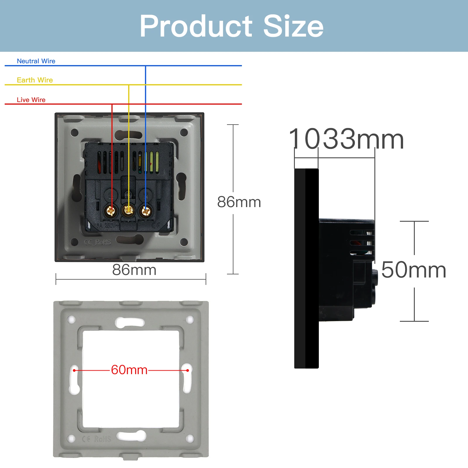 Евророзетка настенная с тройной розеткой 16 А USB Type-C