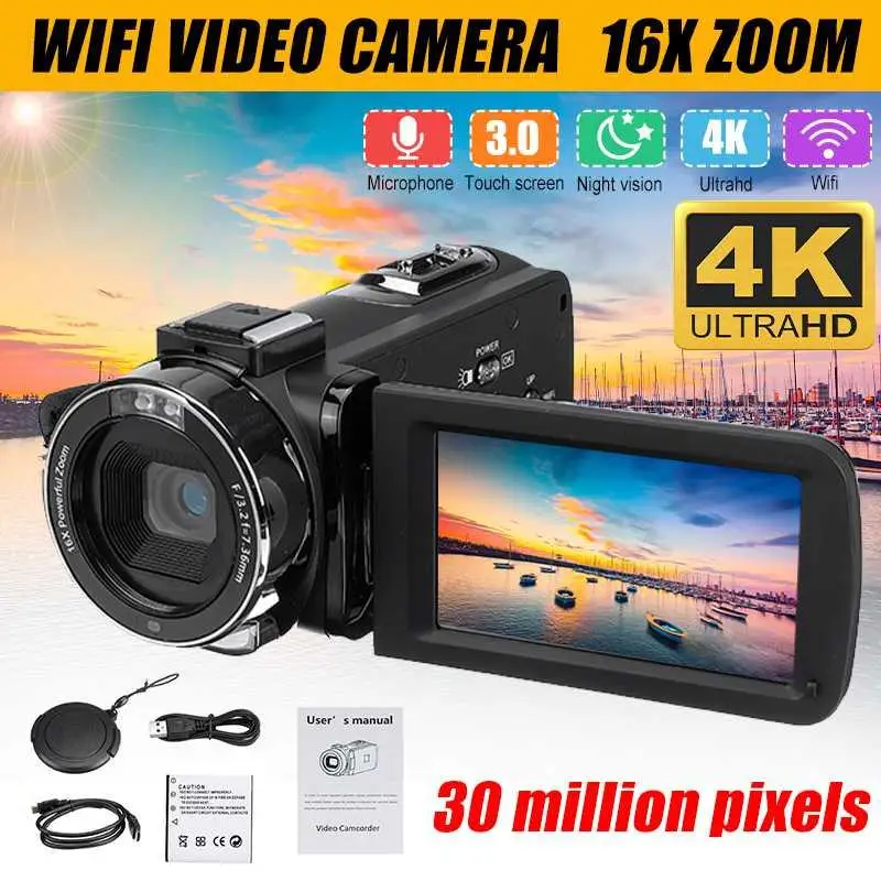 

WIFI 4K HD Camcorder Professional Vlog Video Camera LCD Touch Screen 30MP 16X Digital Zoom Night Vision with Bag