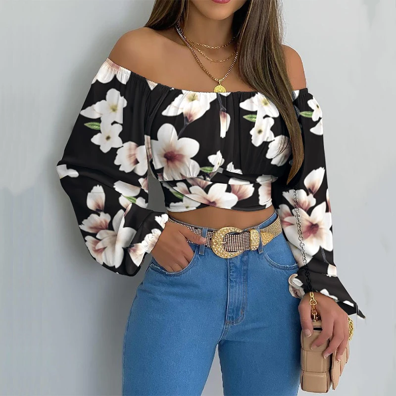 

Vintage Elegant Flower Print Women Blouse 2022 Spring Summer New Off Shoulder Lantern Long Sleeve Shirt Top