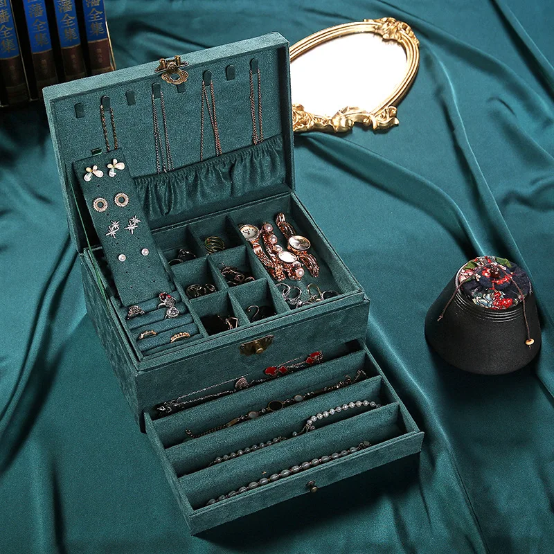 

Шкатулка для хранения ювелирных изделий, трехуровневый ящик большой емкости в стиле ретро, фланелевая коробка для хранения серег и ювелирн...