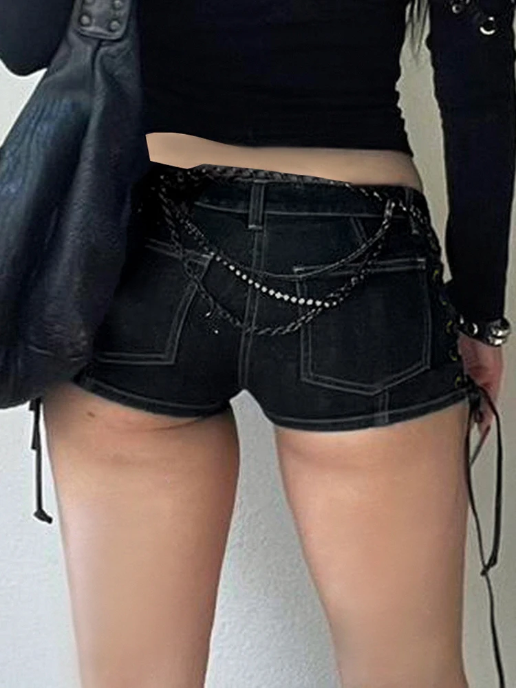 Rockmore Fashion Hot Sexy Low Waist Shorts Cross Lace-up Y2K Aesthetic Slim Mini Shorts Summer Chic Vintage Denim Bottoms 2023