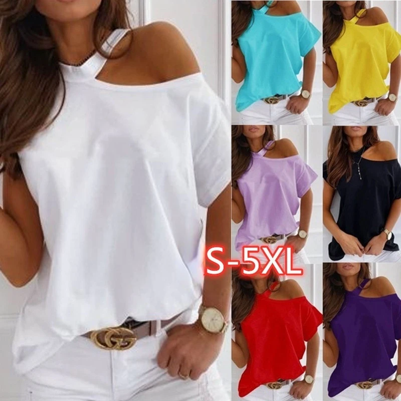 

Sexy One Shoulder Off Halter T-shirt 2022 Summer Fashion Solid Color Short Sleeve Tee Size S-5XL tops