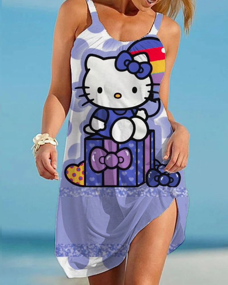 

Женское пляжное платье без рукавов, элегантное праздничное платье в богемном стиле с круглым вырезом и принтом Hello Kitty, лето 2023