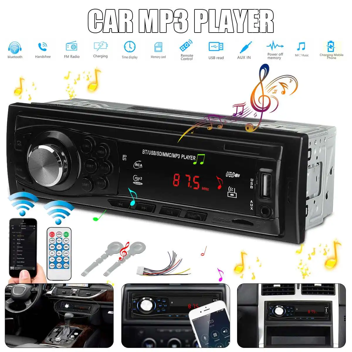 

12V Car Stereo FM Radio MP3 Audio Player 5V Charger USB TF AUX bluetooth2.0 Auto Electronics Subwoofer In-Dash 1 DIN Autoradio