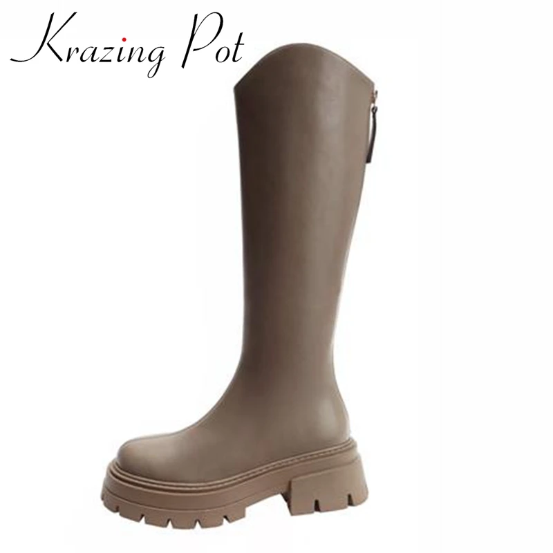 

Krazing Pot New Full Grain Leather Round Toe Med Heels Knight Boots Thick Bottom Leisure Kpop Style Rage Zipper Thigh High Boots