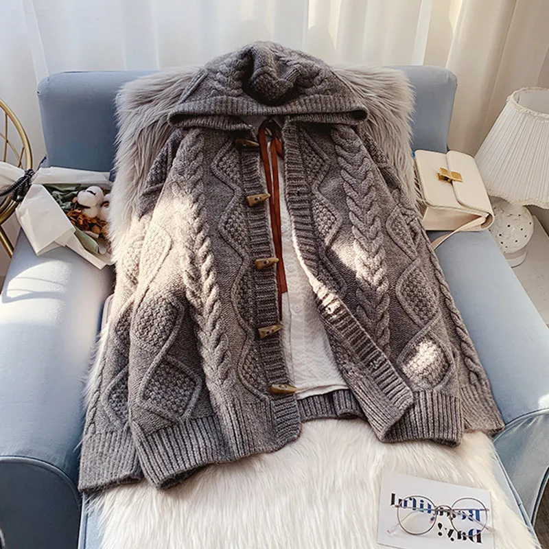 Японский свитер с капюшоном и пряжкой в стиле ретро женский свободный верхний