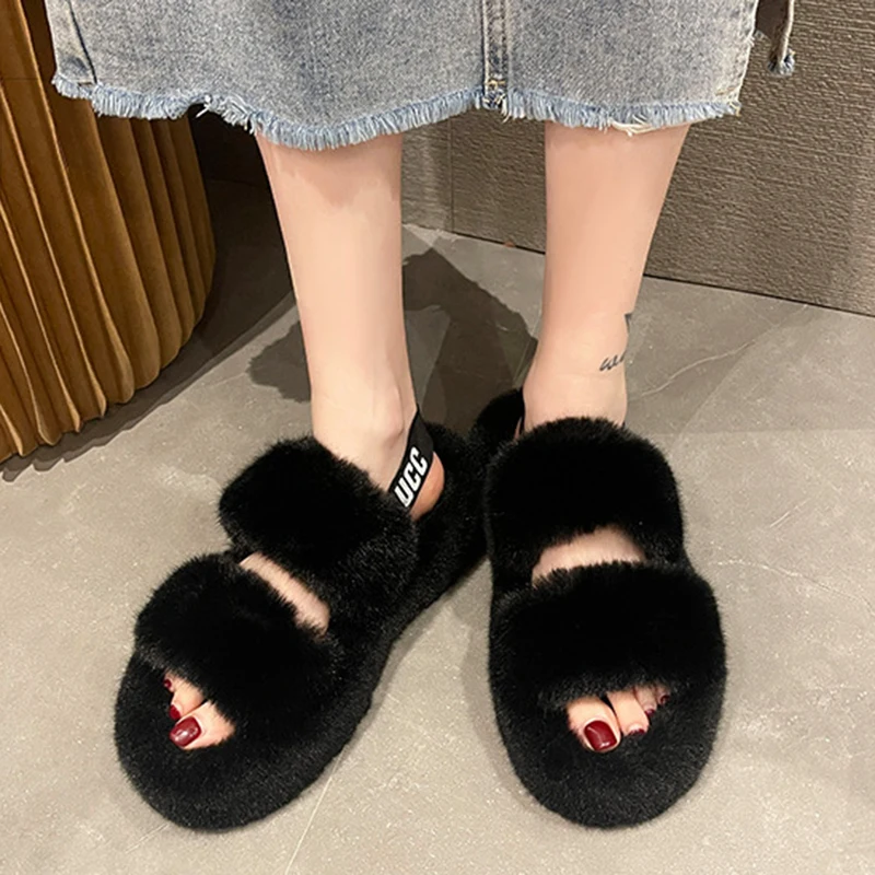 Women Fuzzy Sliipers for Winter Slip on Warm Fashion Cute Home Indoor Sandals Elegant Fluffy Open Toe Flip Flops Floor Shoes