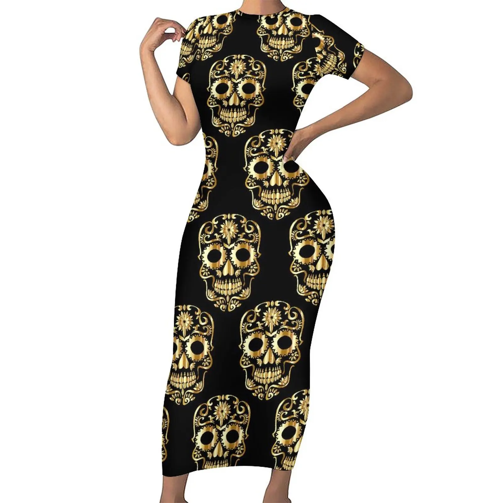 

Gold Sugar Skull Bodycon Dress Female Abstract Skulls Modern Maxi Dresses Spring Short Sleeve Streetwear Custom Oversize Dress