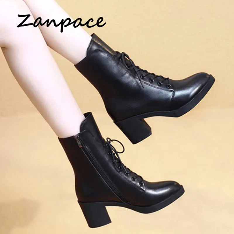 ZANPACE Platform Heels Women Boots Winter Plus Velvet Mid-tube Women Shoes Fashion Pointed Toe Winter Women Ankle Boots