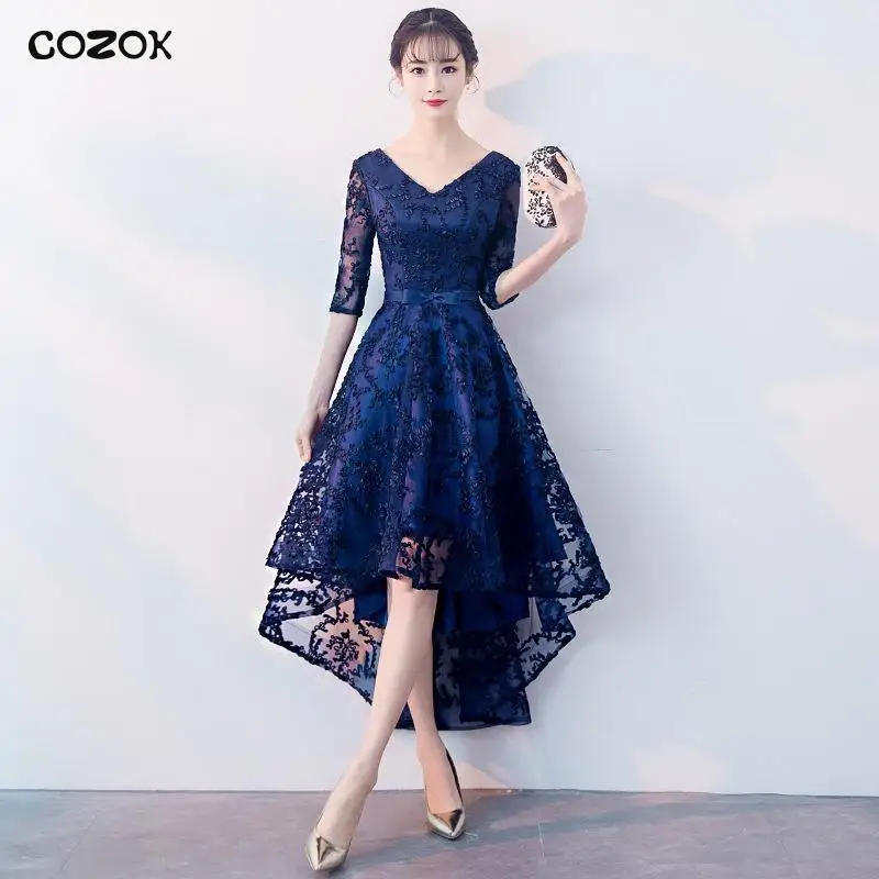 

COZOK Navy Blue Female Mesh Qipao V-Neck Asmmetrical Prom Party Dress Gown Sexy Flower Appliques Cheongsam Exquisite Vestidos