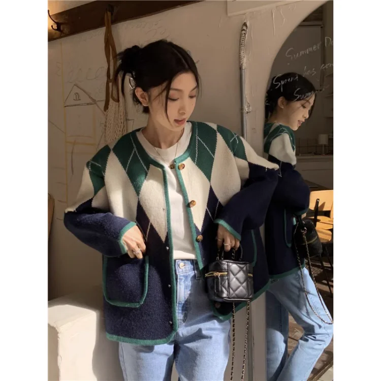 

Korobov, американская винтажная трикотажная одежда, ромбовидный свитер контрастных цветов, женский кардиган в ленивом стиле, корейские модные свитера для женщин