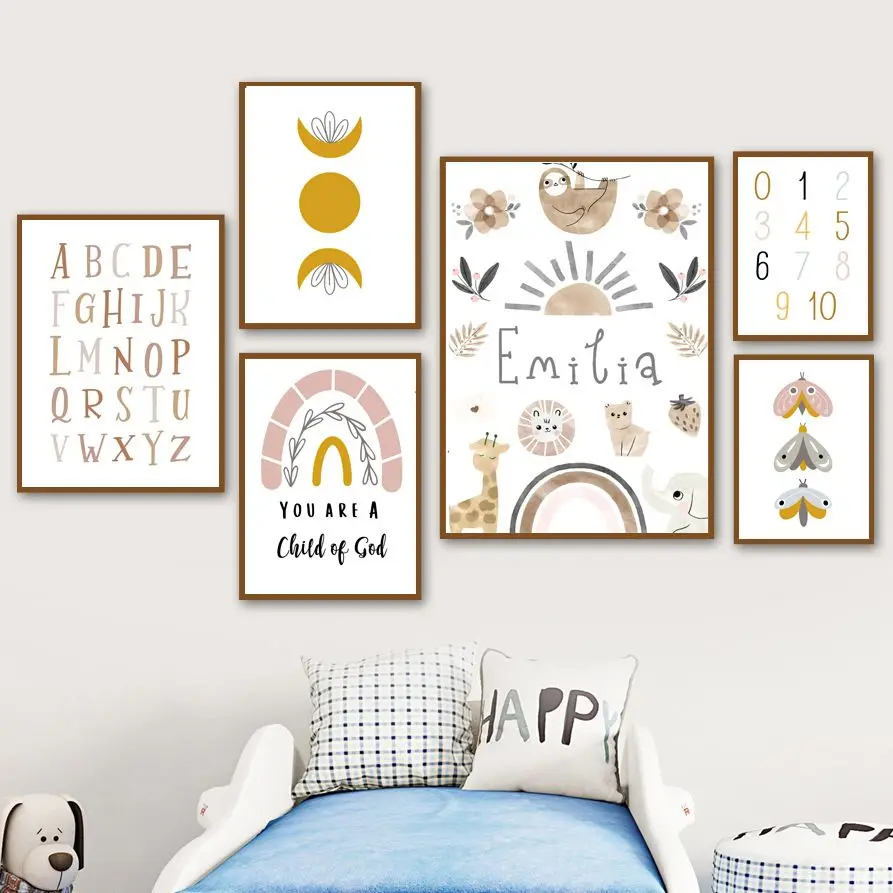 

Sloth Giraffe Rainbow Letter Name Customization Wall Art Canvas Painting Nordic Posters And Prints Wall Pictures Kids Room Decor