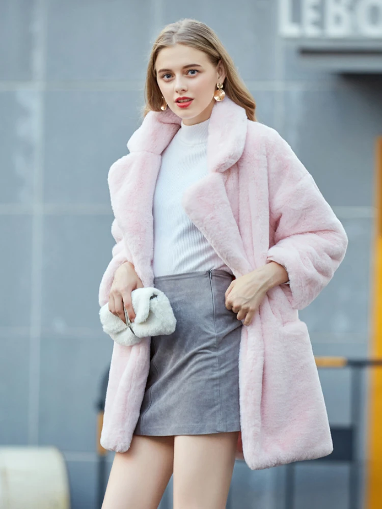 Winter Fashion Pink Furry Teddy Coats Women 2022 Casual Loose Warm Long Sleeve Hidden Buckle Fux Rabbit Fur Coat Street Outwear