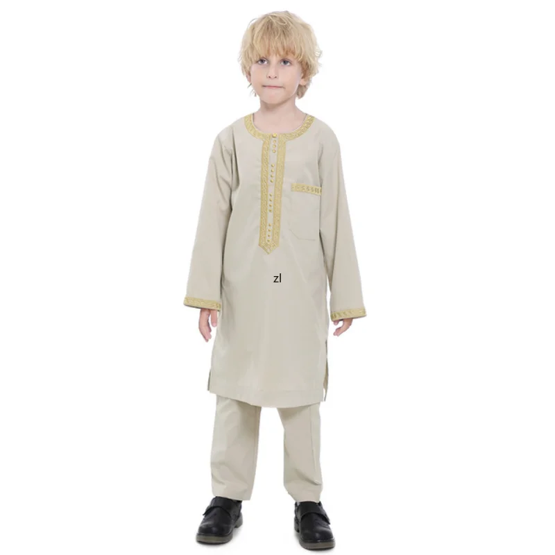 Muslim Muslim Arab Boy Thobe Children Abaya Ramadan Jubba Thobe Dress Pant Set 2 Piece Caftan Robe Kaftan Musulman Ensembles