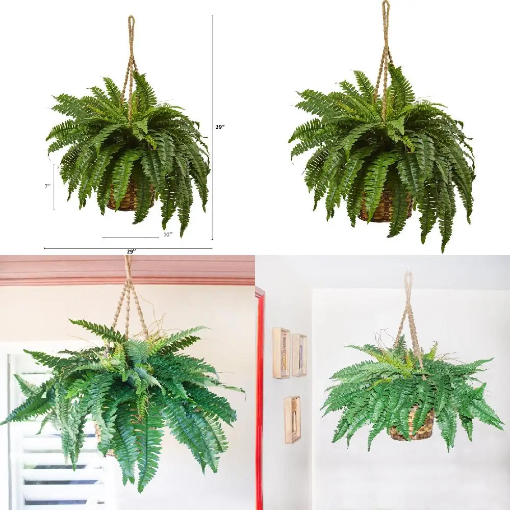 

Stylish & Natural Looking Boston Fern Artificial Hanging Plant in a Woven Rattan Basket - Create a Fresh Home Decor.