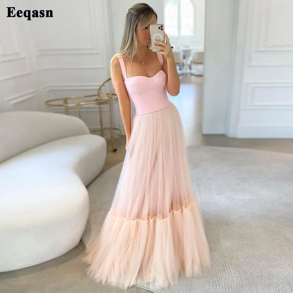 

Eeqasn Simple A Line Tulle Prom Dresses Women Evening Gowns Spaghetti Strap Sweetheart Formal Wedding Party Bridesmaid Dress