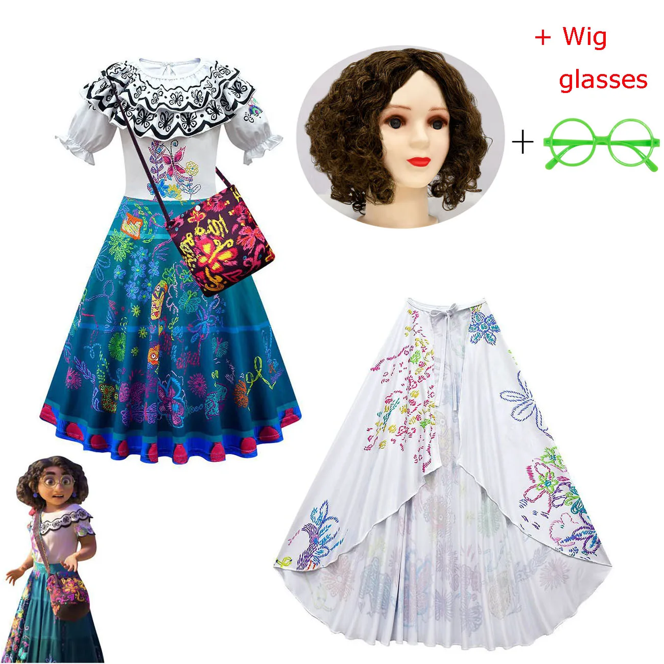 

Encanto Cosplay Costume Girl Dress Carnival Halloween Princess Party Clothes Ruffles Dress Glasses Wig Bag Girl Mirabel Dress