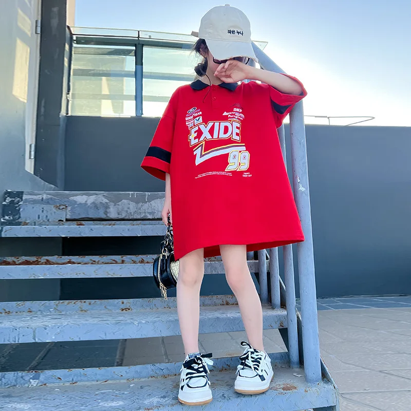 

Платье с мультипликационным принтом для девочек, Новинка лета 2022, рубашка-поло, рубашка-юбка, Детская футболка с коротким рукавом