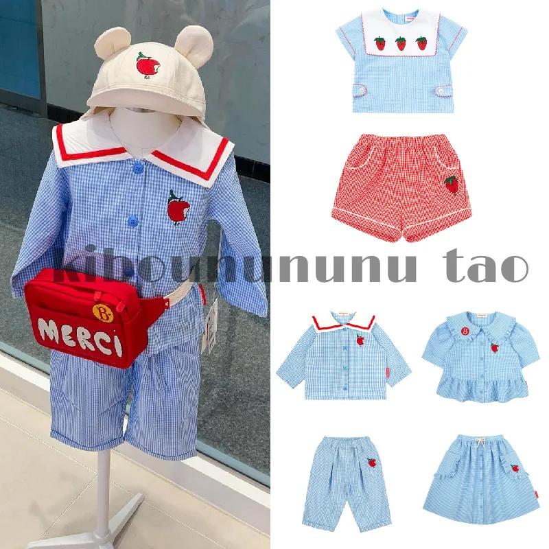 

2022 spring new Korean version be with children's blue plaid baby navy collar suit skirt