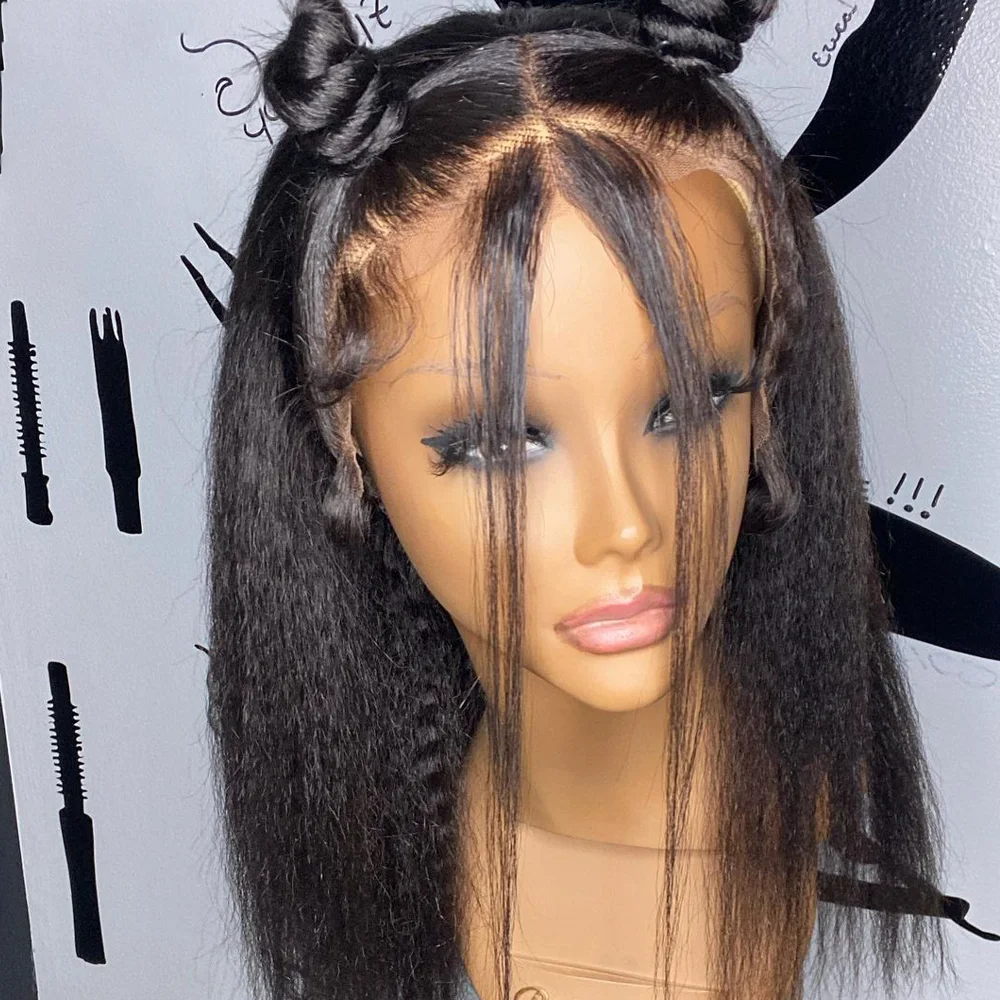 

Yaki средней части короткий Боб курчавые прямые натуральные черные кружева передний парик без клея для африканских женщин с BabyHair Preplucked ежедн...