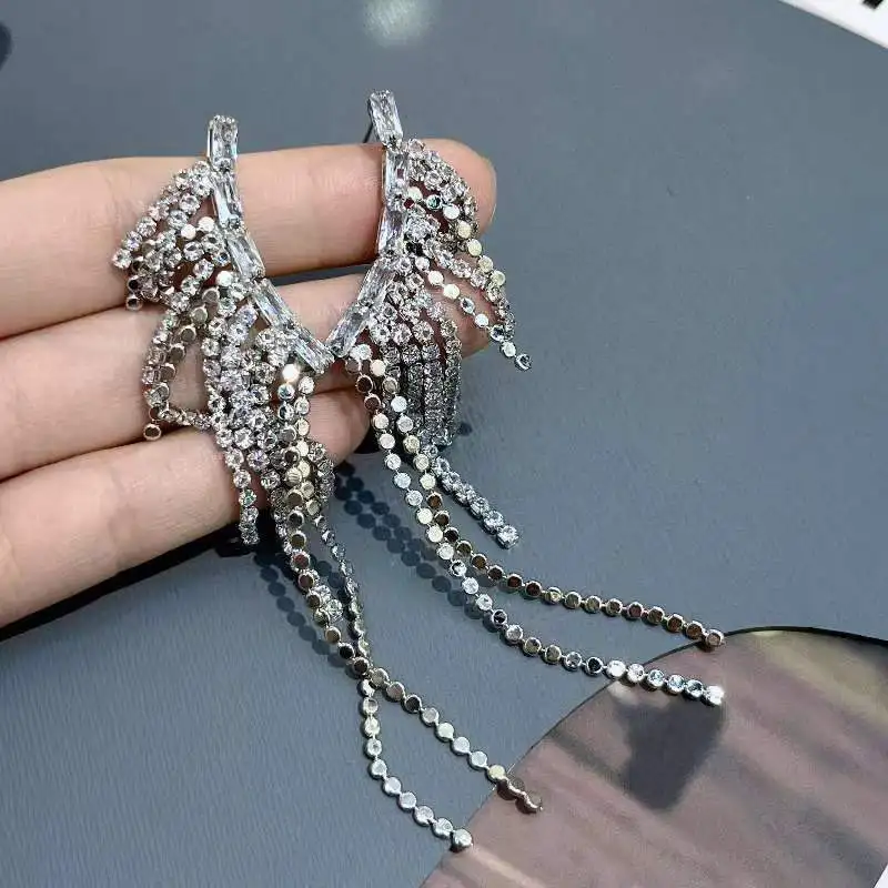 

New Silver Color Crystal Wing Tassel Earrings For Women Fashion Jewelry Party Boucle d’oreille Femme Bijoux Brincos