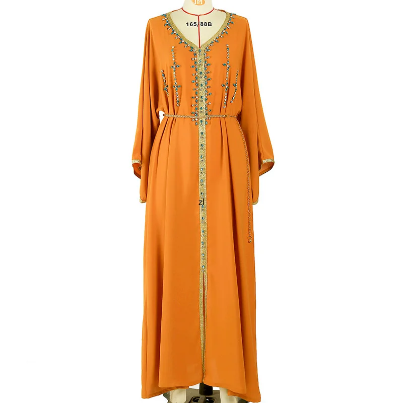Dubai Hijab Women Dresses V-Neck Hand Stitched Raglan Sleeve Party Dress 2022 New Kaftan Abayas Djellaba Moroccan Vestidos