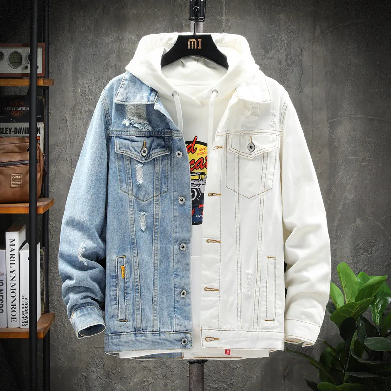 

High Quality Fashion Slim Fitting Men Denim Jacket Long Sleeve Ripped Stitching Button Jacket