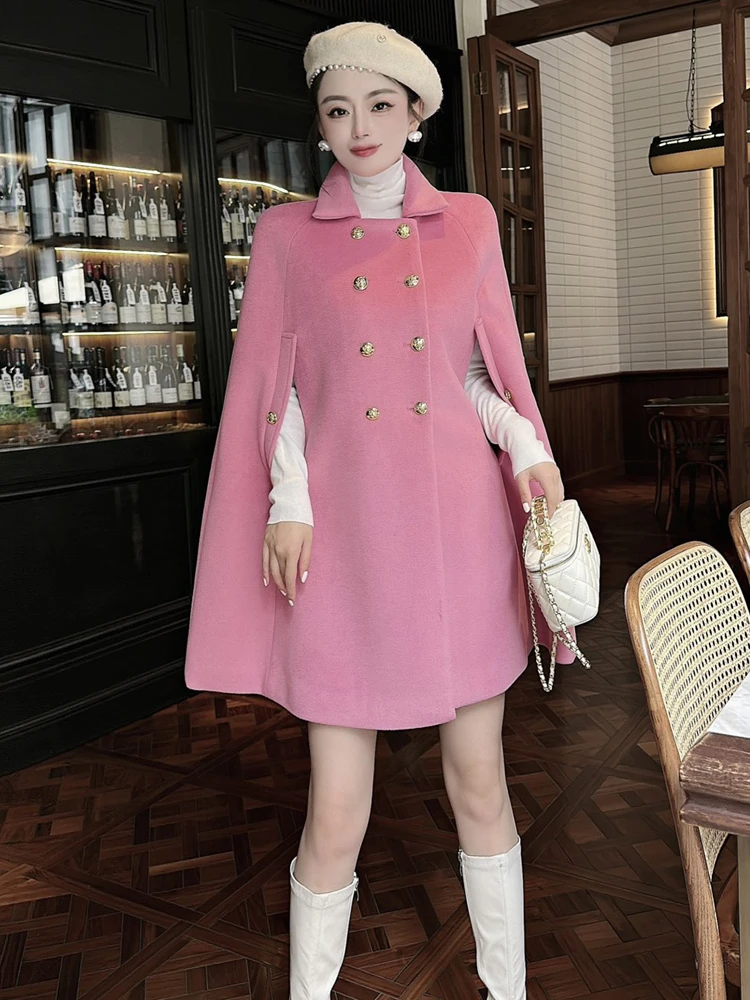 

ZJYT Элегантный дизайнерский плащ с рукавами свободные шерстяные куртки зимние пальто женские модные двубортные розовые длинные пальто Верх...