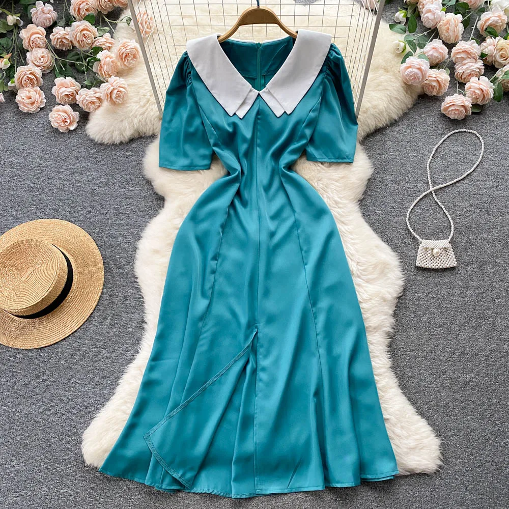 

French Slim Vintage Peter Pan Collar Long Split Dress Summer Women high waist Robe Ete Vestido de festa elegant tunic Vestidos