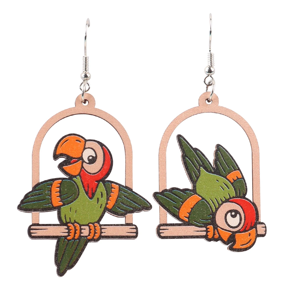 Wooden Earrings For Women Cute Birds Toucan Printing Wood Drop Earring Fashion Jewelry Gift