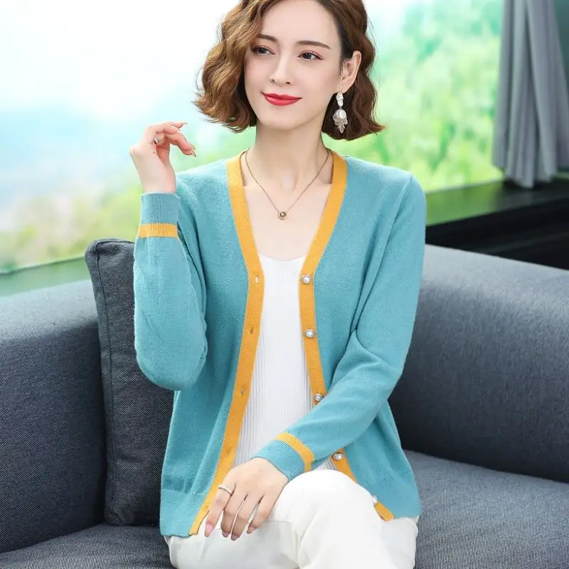 

Spring Autumn Elegant Fashion Chic Sweet Contrast Color Knitwear Women Casual V Neck Pullovers Knitted Sweater Tops Jumpers U539