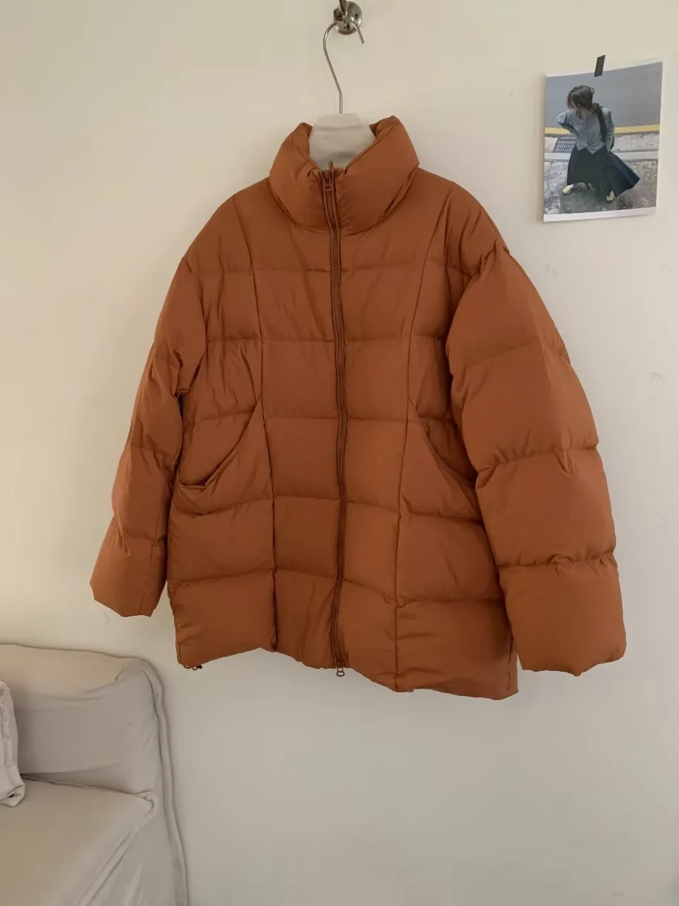 Корейский свободный пуховик средней длины с воротником-стойкой женский зимний