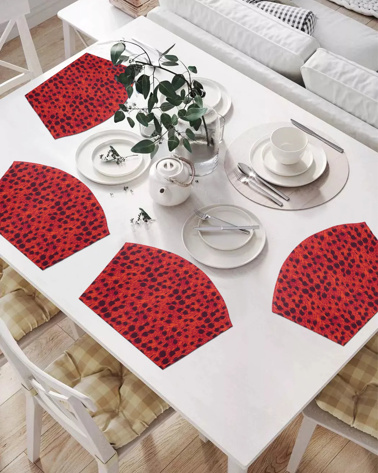 

2/4/6 шт. набор подставок в форме веера, коврики для стола с красным леопардовым узором, подставка под чашу, коврик, Рождественский домашний де...