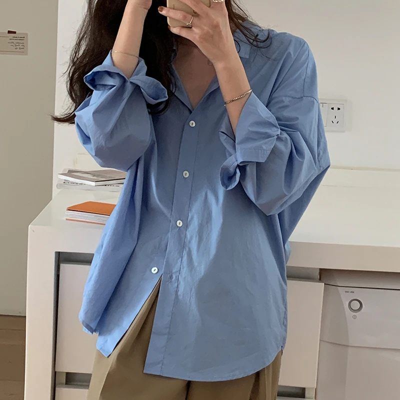 

Fashion Polo Neck Single Breasted Blouse Casual Long Sleeve Shirt Women Clothes Elegant Office Lady Blue Tops Blusas Mujer 27807