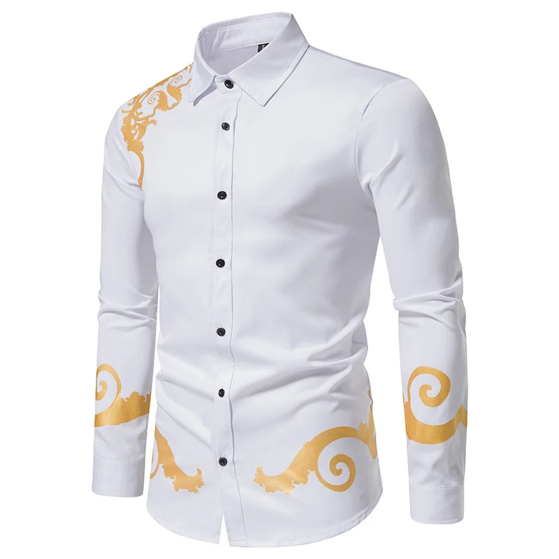 Autumn Men's Printed Shirt Wine Red Long Sleeve Shirts Fashion Jacquard Tops Casual Prom Male Brand Clothes Social Dress Shirt