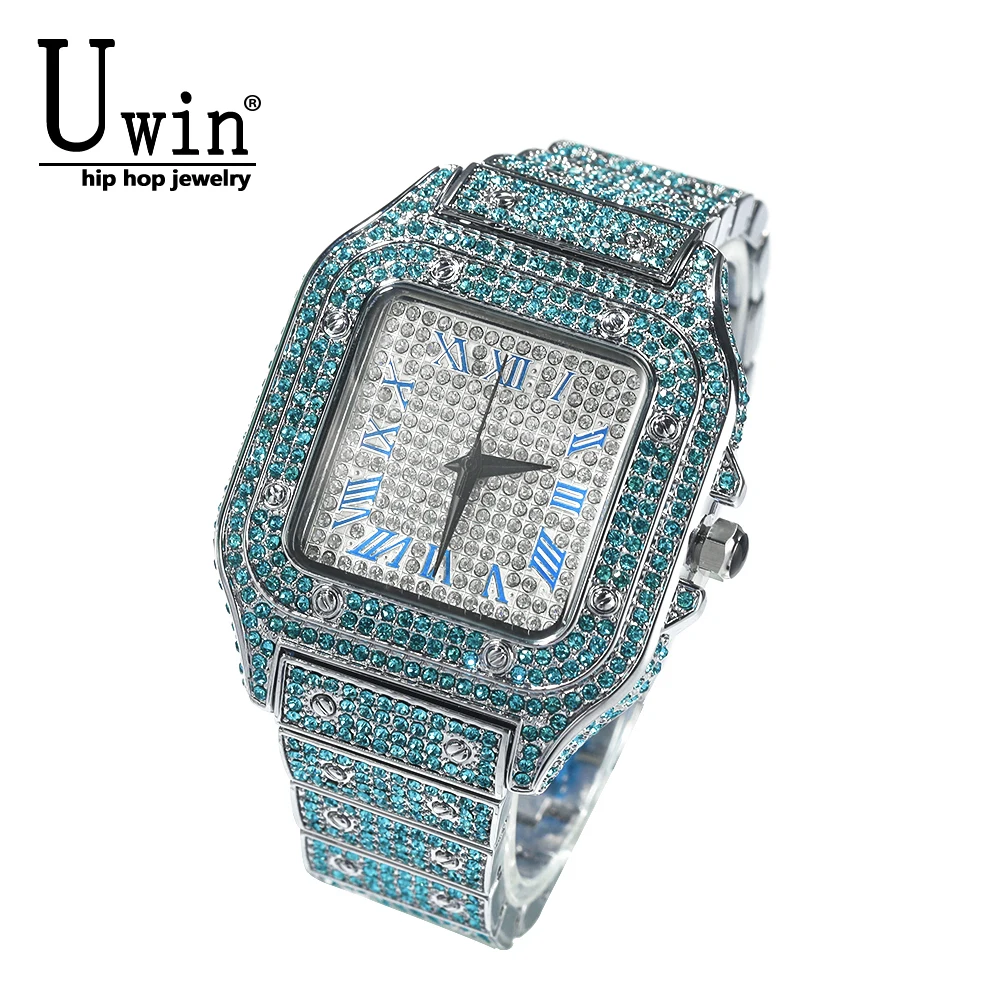 

UWIN 3.5cm Big Dial Full Iced Out Blue Pink Austrian Rhineston 5quare Quartz Watch Luxury Fashion Hip Hop Jewelry For Women Men